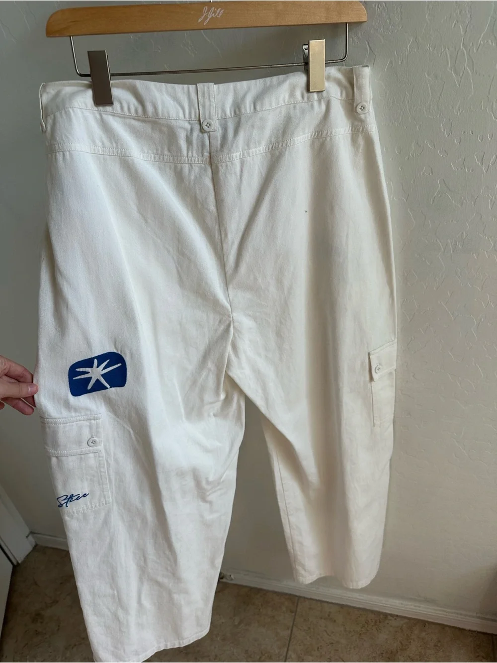Rue Stiic Dakota Cargo Painter Pants  - White Denim with Blue Embroidery